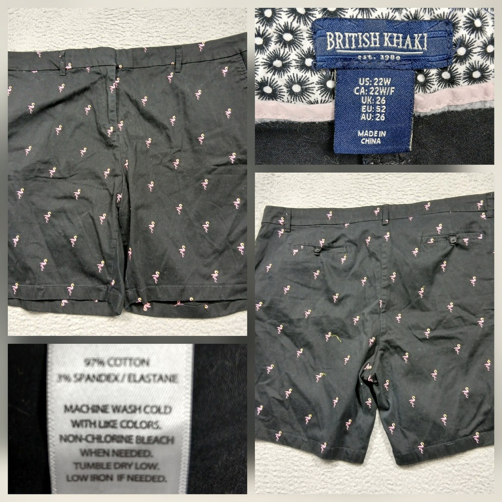 British Khaki Shorts Women's 22W Black Pink Flamingo Embroidered Cotton Blend